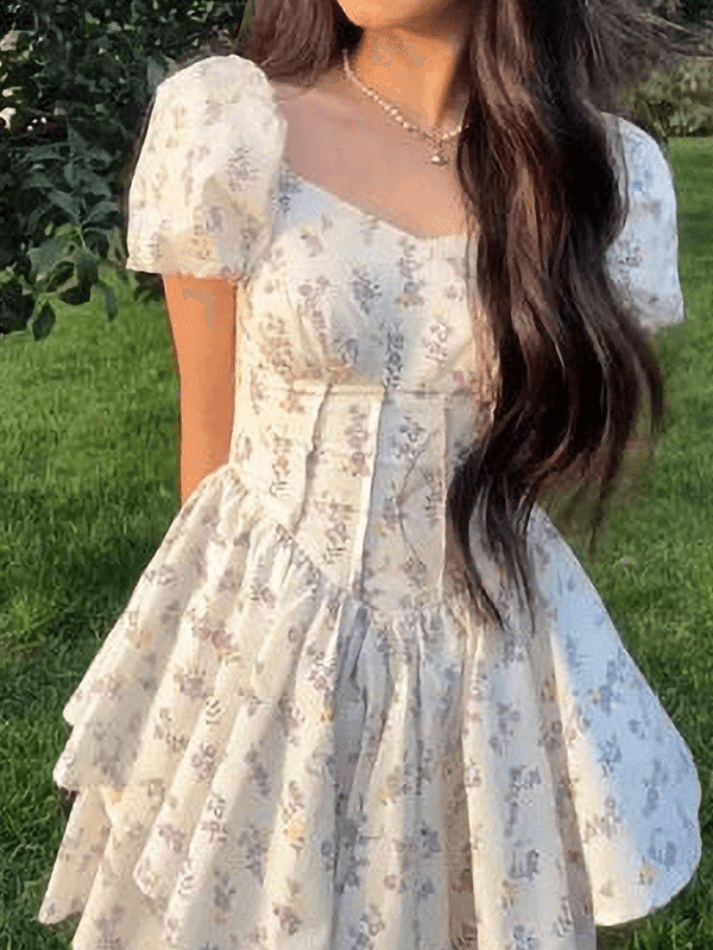 JazzHer Floral Puff Sleeve Corset Tiered Mini Dress