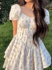 JazzHer Floral Puff Sleeve Corset Tiered Mini Dress