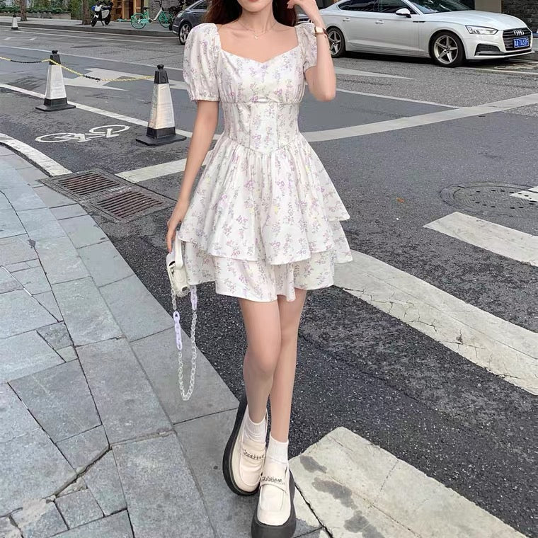 JazzHer Floral Puff Sleeve Corset Tiered Mini Dress
