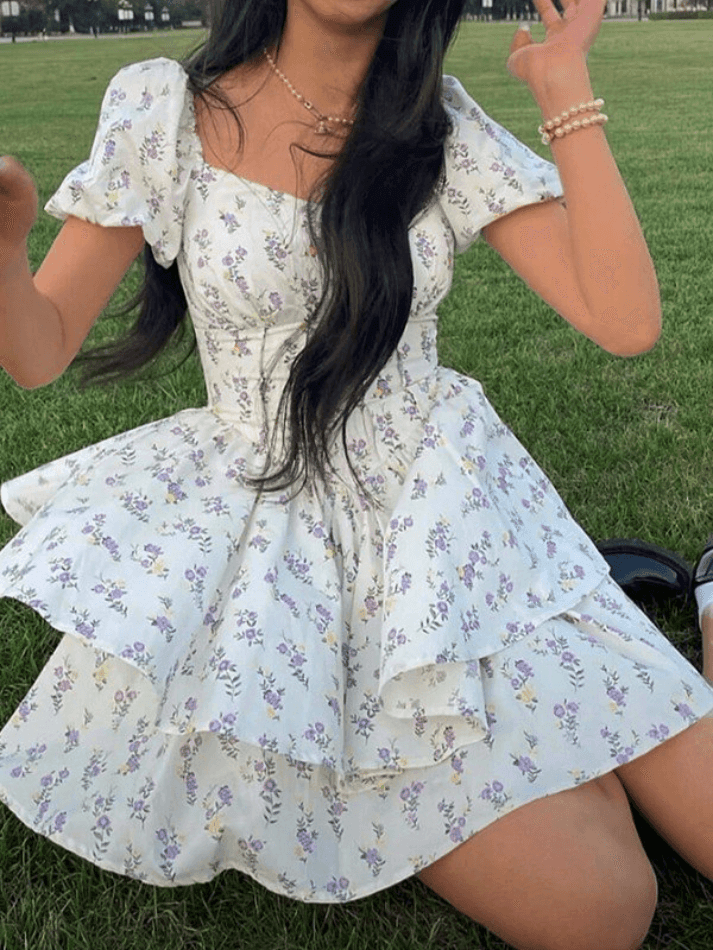 JazzHer Floral Puff Sleeve Corset Tiered Mini Dress