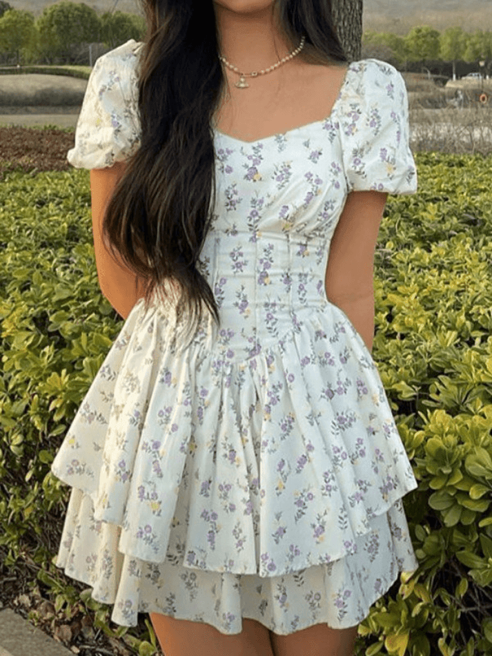 JazzHer Floral Puff Sleeve Corset Tiered Mini Dress