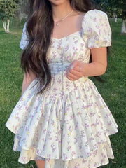 JazzHer Floral Puff Sleeve Corset Tiered Mini Dress