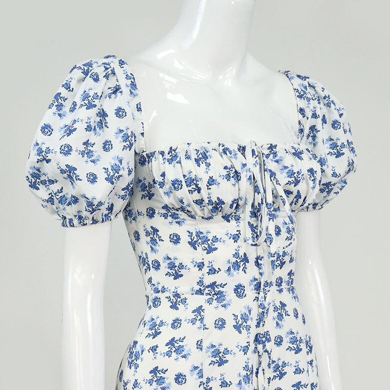 JazzHer Floral Puff Sleeve Slit Front Midi Dress