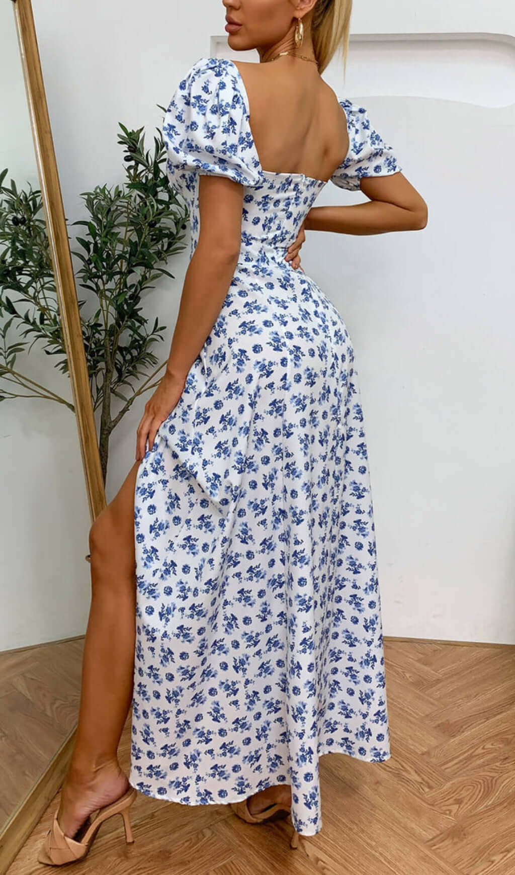 JazzHer Floral Puff Sleeve Slit Front Midi Dress