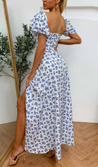 JazzHer Floral Puff Sleeve Slit Front Midi Dress
