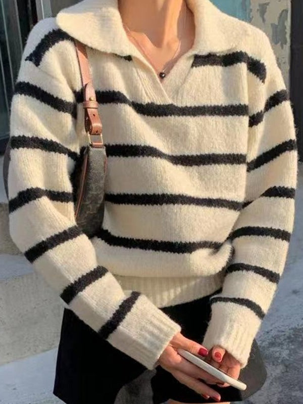 JazzHer 2024 Fall Fashion Lapel Contrast Striped Sweater