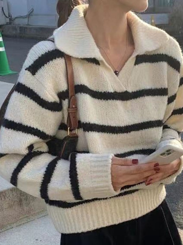 JazzHer 2024 Fall Fashion Lapel Contrast Striped Sweater