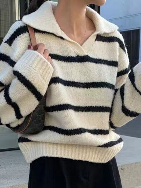 JazzHer 2024 Fall Fashion Lapel Contrast Striped Sweater