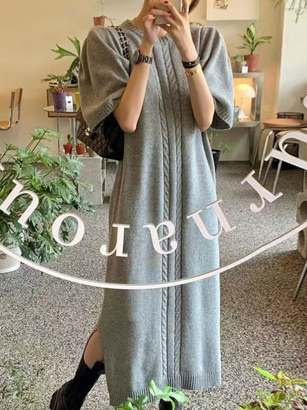 JazzHer 2024 Fall Fashion Vintage Textured Short Sleeves Long Slit Sweater Dress