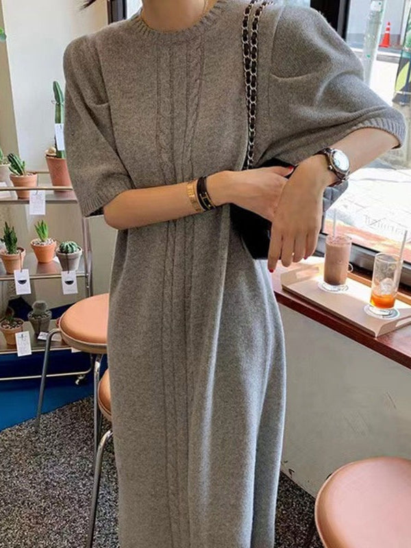 JazzHer 2024 Fall Fashion Vintage Textured Short Sleeves Long Slit Sweater Dress