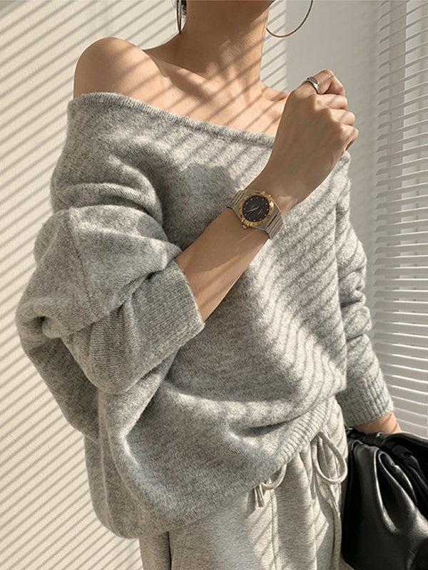 JazzHer 2024 Fall Fashion One-shoulder Loose Long-sleeved Knitted Sweater