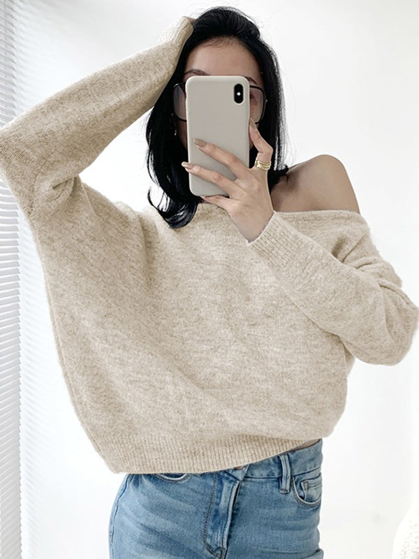 JazzHer 2024 Fall Fashion One-shoulder Loose Long-sleeved Knitted Sweater