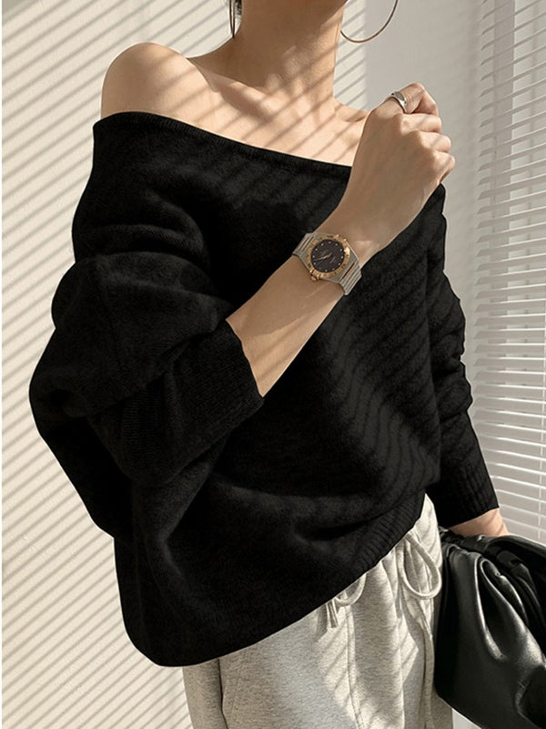 JazzHer 2024 Fall Fashion One-shoulder Loose Long-sleeved Knitted Sweater