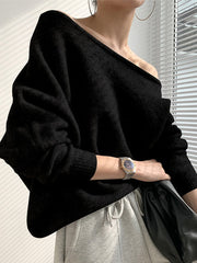 JazzHer 2024 Fall Fashion One-shoulder Loose Long-sleeved Knitted Sweater