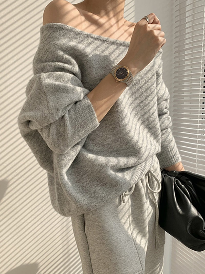 JazzHer 2024 Fall Fashion One-shoulder Loose Long-sleeved Knitted Sweater