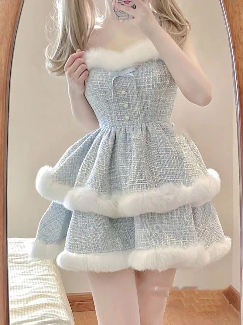 JazzHer Fur-Trimmed Tiered Dress & Coat Set