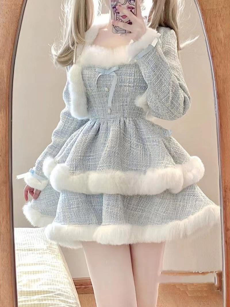 JazzHer Fur-Trimmed Tiered Dress & Coat Set