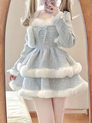 JazzHer Fur-Trimmed Tiered Dress & Coat Set