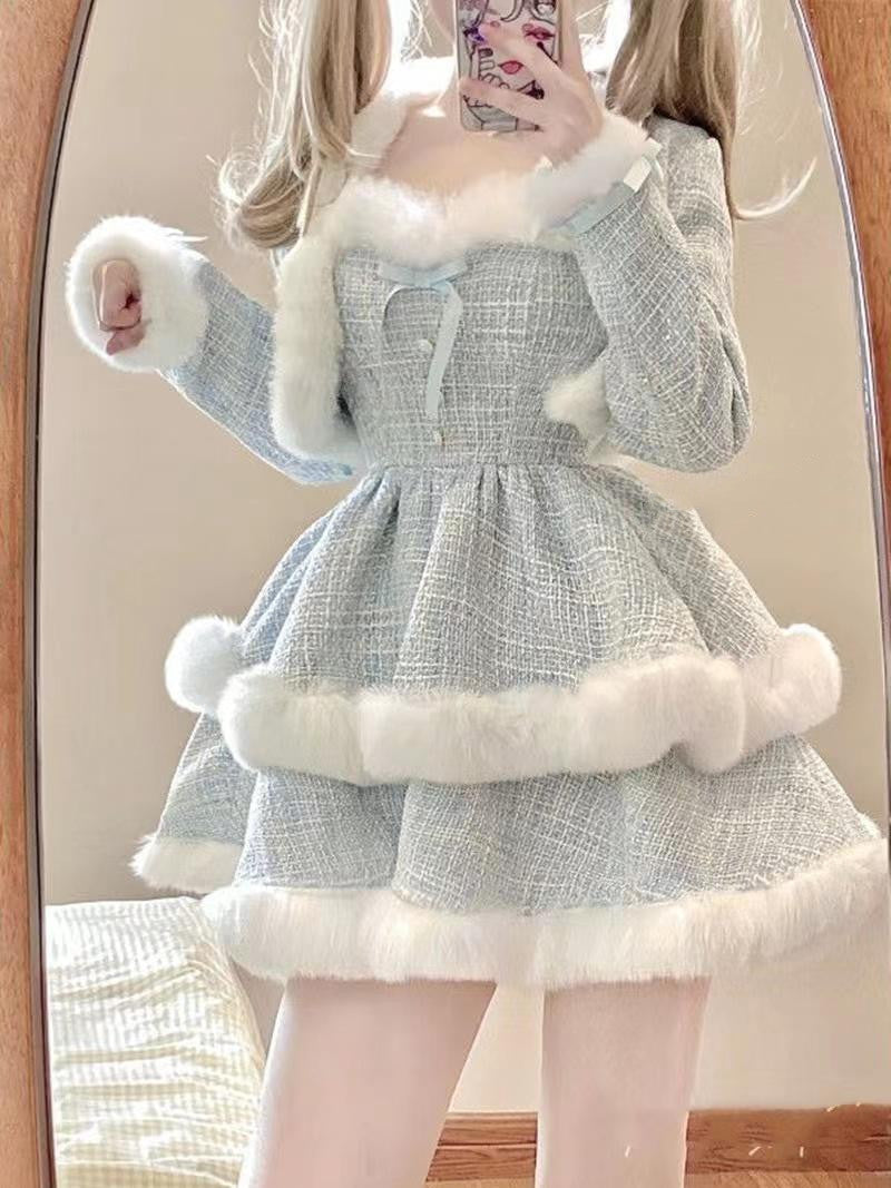 JazzHer Fur-Trimmed Tiered Dress & Coat Set