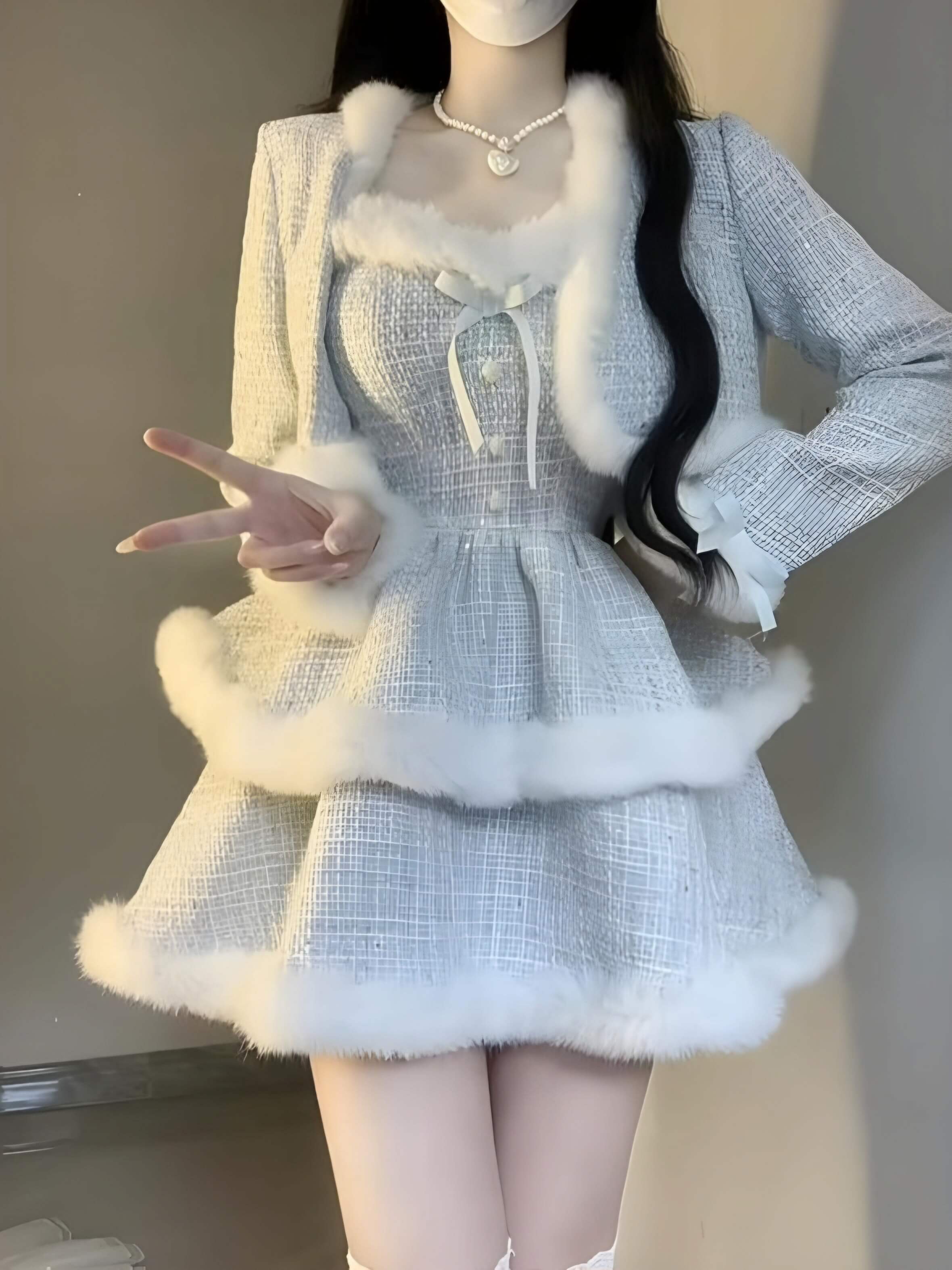 JazzHer Fur-Trimmed Tiered Dress & Coat Set