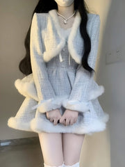 JazzHer Fur-Trimmed Tiered Dress & Coat Set
