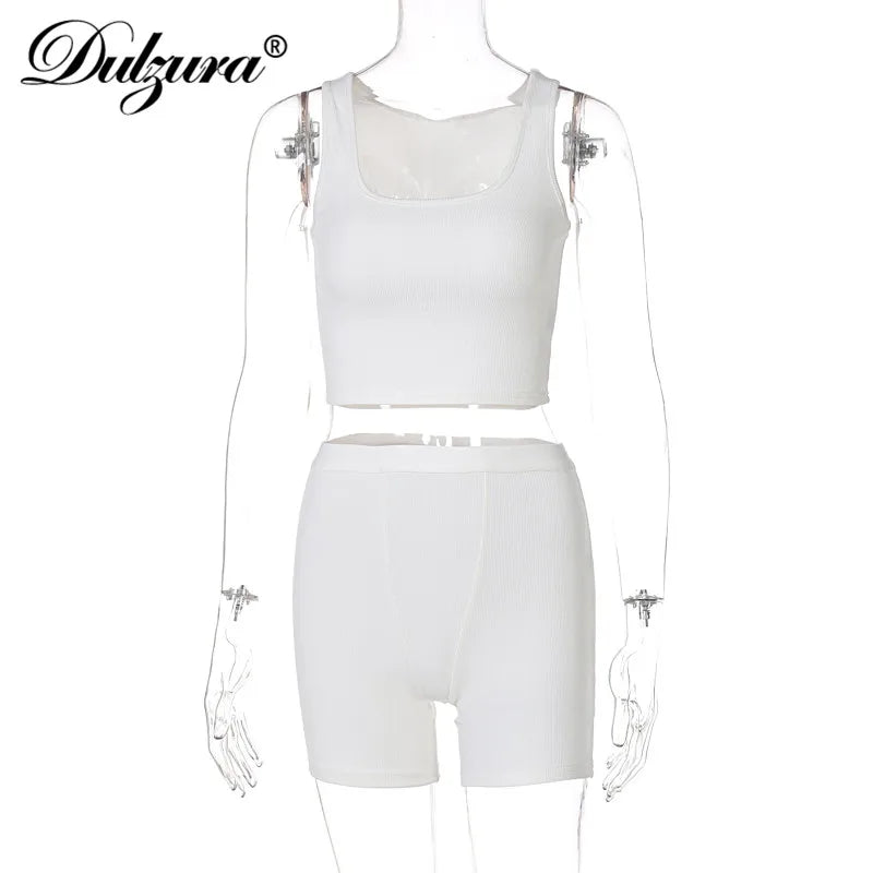 JazzHer Ribbed Knitted Women 2 Pieces Crop Top Tanks Biker Shorts Set Patchwork Tracksuit Streetwear Sporty 2024 Summer Outfit