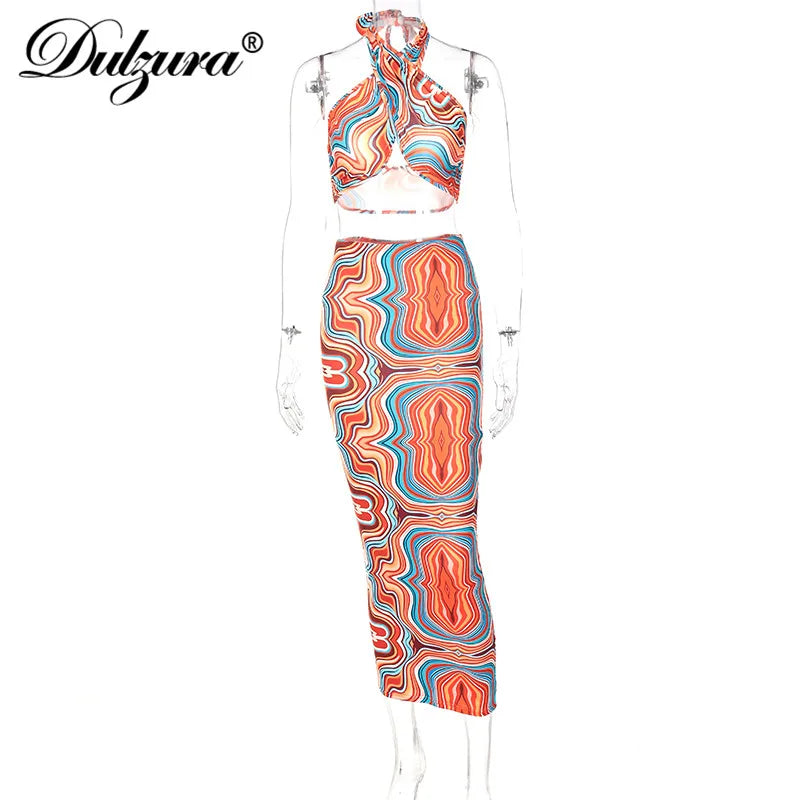 JazzHer Tie Dye Print Women 2 Pieces Halter Crop Top Tanks Midi Skirt Set Bodycon Sexy Streetwear Party Elegant Club 2024 Summer