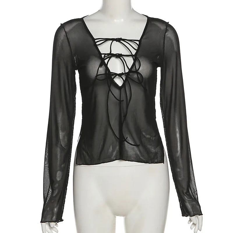 JazzHer Sexy Mesh See Through Full Sleeve Split Tshirt Transparent Crop Top Lace Up V Neck Gothic Grunge Emo Alt Streetwear Women