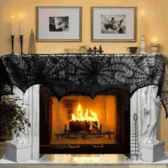 JazzHer Halloween Decoration Lace Spider Web Skeleton Skull Tablecloth Black Fireplace Mantel Scarf Event Party Decoration Supplies