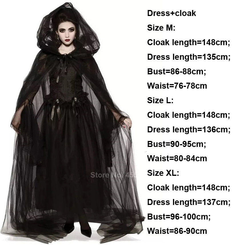 JazzHer Halloween Awakecrm Scary Halloween Costumes For Women Ghost Bride Costume Black Dress Cloak Set Gothic Medieval Dress Vampire Devil Horror Suit