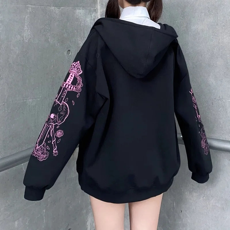 JazzHer 2024 Fall Fashion Black Sweatshirt Zip-up Long Sleeve Oversize Hoodies Autumn Winter Coat Women Gothic Print Jackets Female Grunge Clothes