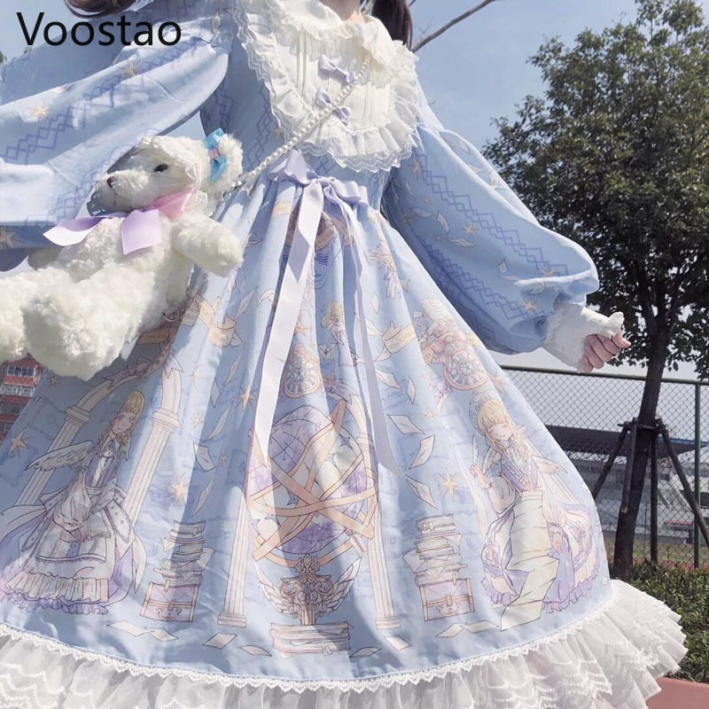 JazzHer  Japanese Spring Summer sweet Lolita Dress Women Kawaii Victorian Tea Party Long Sleeves Lace Gothic Girls Lolita Dresses Cosplay