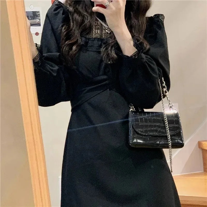 JazzHer French Lace Vintage Dress Women Fashion Puffer Sleeve Elegant One Piece Dress Korean 2024 Spring High Street Slim Midi Dress Y2k