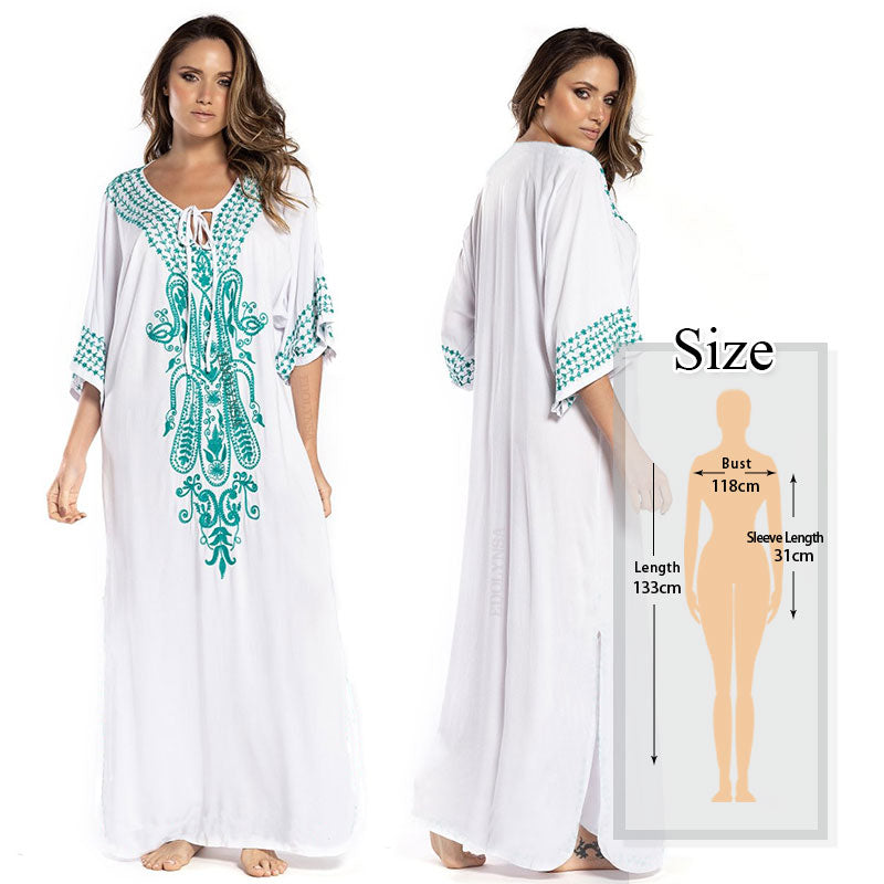 JazzHer 2024 Indie Folk Embroidered V-Neck Short Sleeve Summer Beach Straight Dress Sexy Tunic Women Beachwear Swimsuit Cover-Ups Q790