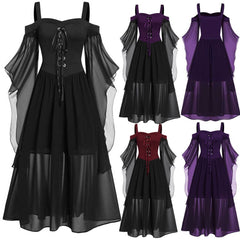 JazzHer Halloween Awakecrm Gothic Medieval Dress Mesh Eyelet Sling Drop Shoulder Witch Dress Butterfly Sleeve Lace Up Halloween Witch Sling Dress