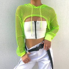 JazzHer Neon Color Long Sleeve Short Mesh Hoodies Sexy Fishnet Cover Up Crop Tops Women Fashion Hollow Out Smocks for Lady Sporty Beach