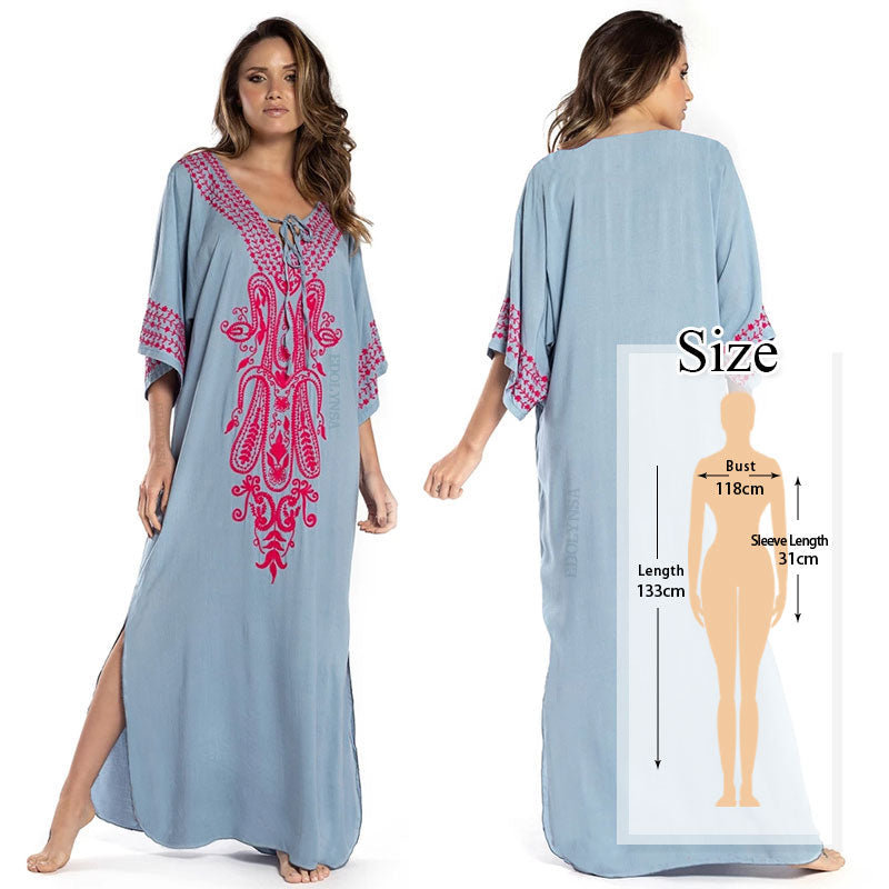 JazzHer 2024 Indie Folk Embroidered V-Neck Short Sleeve Summer Beach Straight Dress Sexy Tunic Women Beachwear Swimsuit Cover-Ups Q790