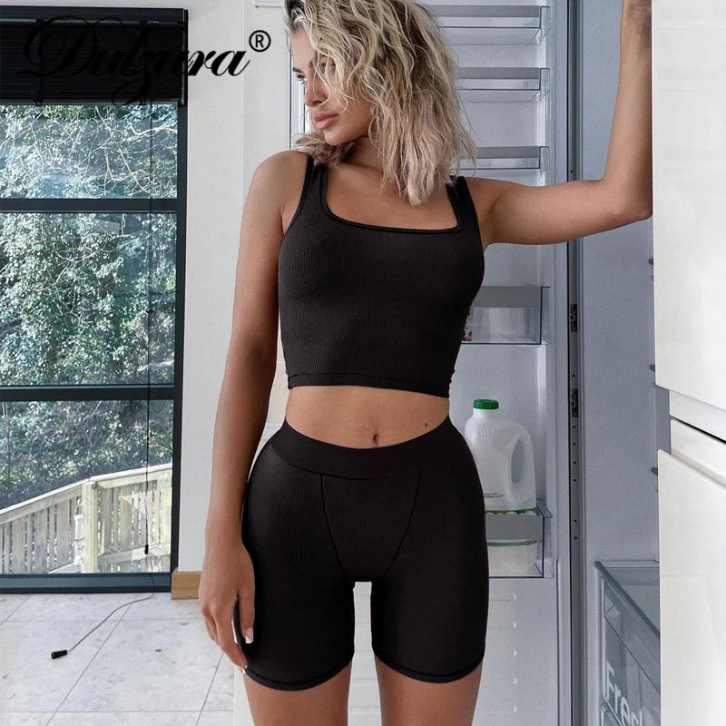 JazzHer Ribbed Knitted Women 2 Pieces Crop Top Tanks Biker Shorts Set Patchwork Tracksuit Streetwear Sporty 2024 Summer Outfit