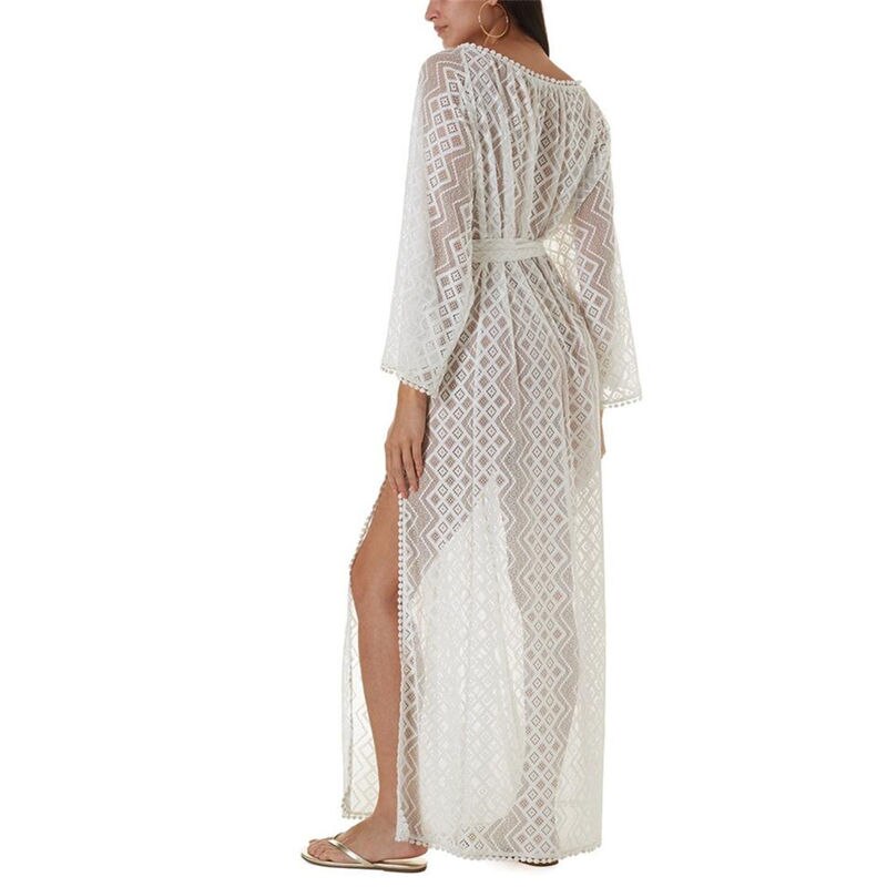 JazzHer Sexy See Through White Lace Summer Dress Beach Tunic Women Beachwear V-neck Long Sleeve Side Split Maxi Dress Sarongs Q965