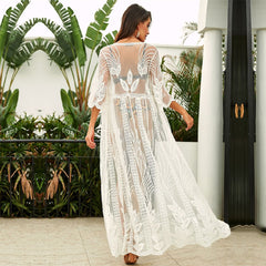 JazzHer 2024 Sexy See Through Transparent Half Sleeve Self Belted Loose Summer Beach Dress Plus Size Women Beachwear Sarongs Plage Q859