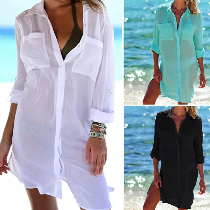 JazzHer Womens Long Sleeve Shirt Pockets Long Tops Beachwear Swimwear Bikini Beach Wear Cover Up Button Ladies Summer Clothes