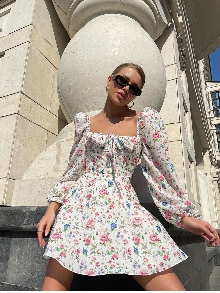 JazzHer Newasia Floral Dress Women Lantern Long Sleeve Ruched Print A Line Square Neck Tie Up Mini Vestidos Sexy Chic Summer Beach Dress