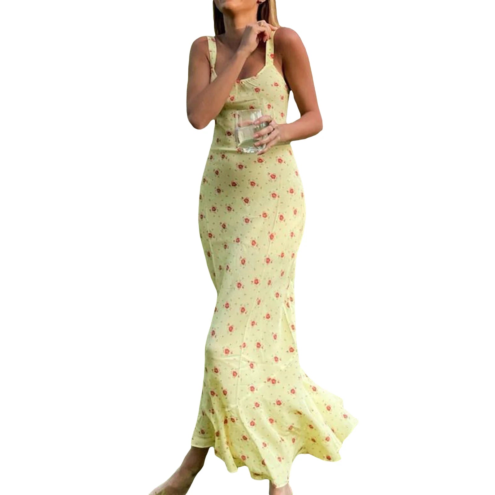 JazzHer Summer Floral Suspender Maxi Sundress Holiady Beach Women Sleeveless Straps Wrapped Fishtail Dress Slim Backless Vestido