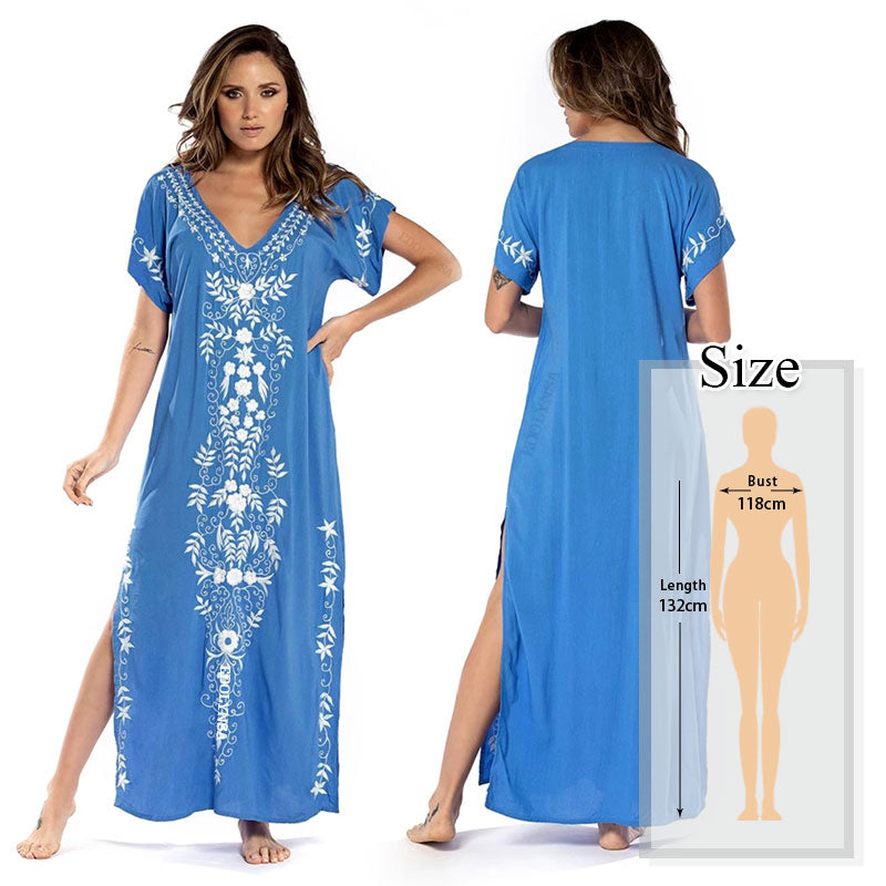 JazzHer 2024 Indie Folk Embroidered V-Neck Short Sleeve Summer Beach Straight Dress Sexy Tunic Women Beachwear Swimsuit Cover-Ups Q790