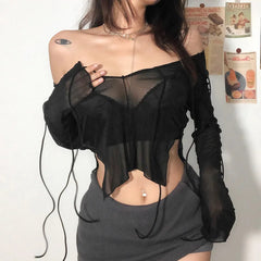 JazzHer Sexy Mesh See Through Full Sleeve Split Tshirt Transparent Crop Top Lace Up V Neck Gothic Grunge Emo Alt Streetwear Women