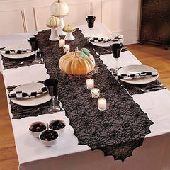 JazzHer Halloween Decoration Lace Spider Web Skeleton Skull Tablecloth Black Fireplace Mantel Scarf Event Party Decoration Supplies