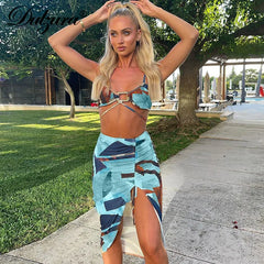 JazzHer Tie Dye Print Women 2 Piece Halter Crop Top Drawstring Ruched Mini Skirt Set Lace Up Bodycon Sexy Streetwear 2024 Summer