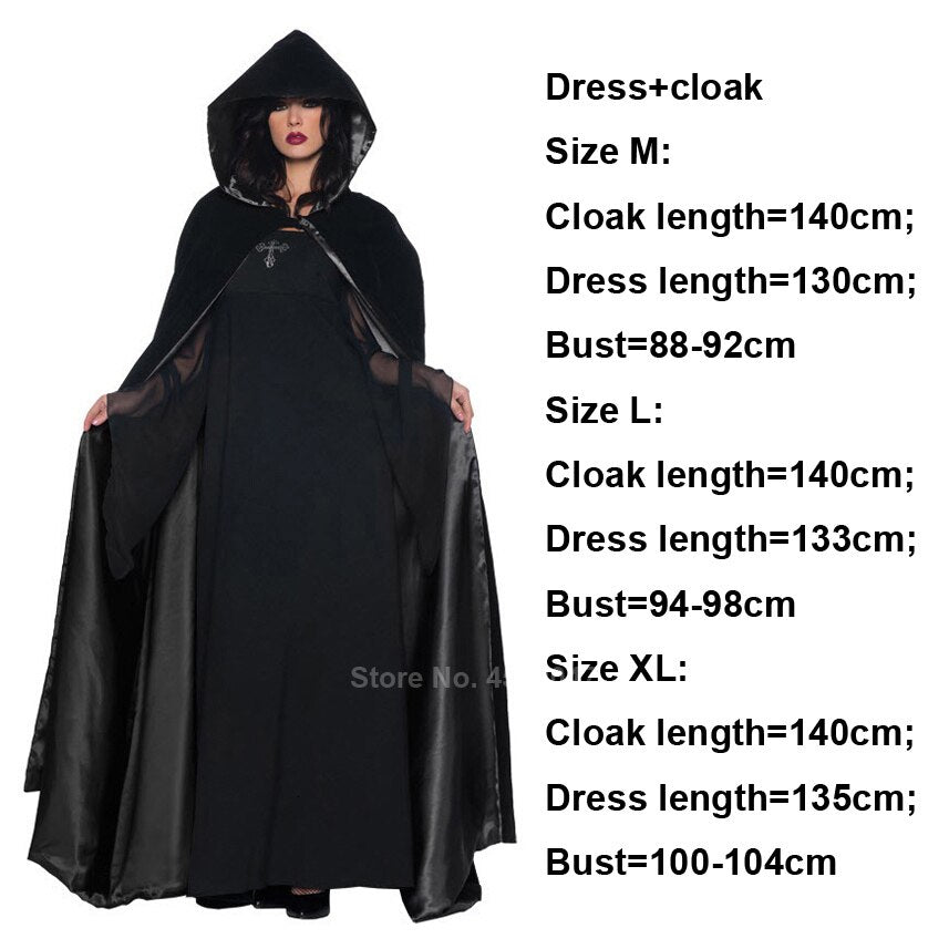 JazzHer Halloween Awakecrm Scary Halloween Costumes For Women Ghost Bride Costume Black Dress Cloak Set Gothic Medieval Dress Vampire Devil Horror Suit