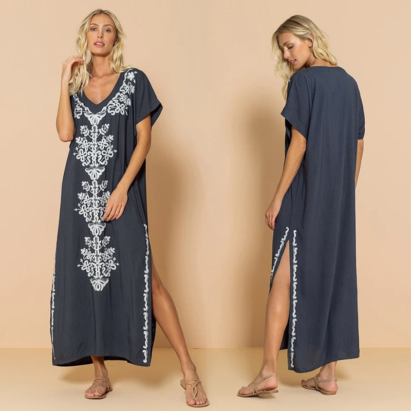 JazzHer 2024 Indie Folk Embroidered V-Neck Short Sleeve Summer Beach Straight Dress Sexy Tunic Women Beachwear Swimsuit Cover-Ups Q790