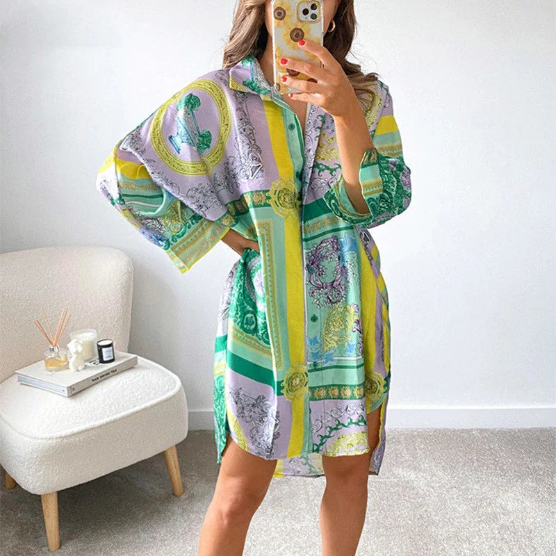 JazzHer Vintage Graphic Print Shirt Dress Sexy Women V Neck Long Sleeve Blue Green Loose Beach Syle Party Casual Mini Dresses Autumn